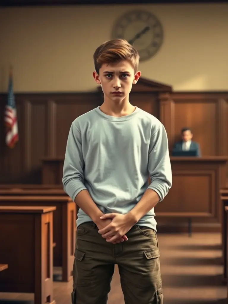 A young person standing in a courtroom, looking concerned, symbolizing youth criminal justice matters, with a focus on legal representation, representing Aman Cheema Law Corporation's services.