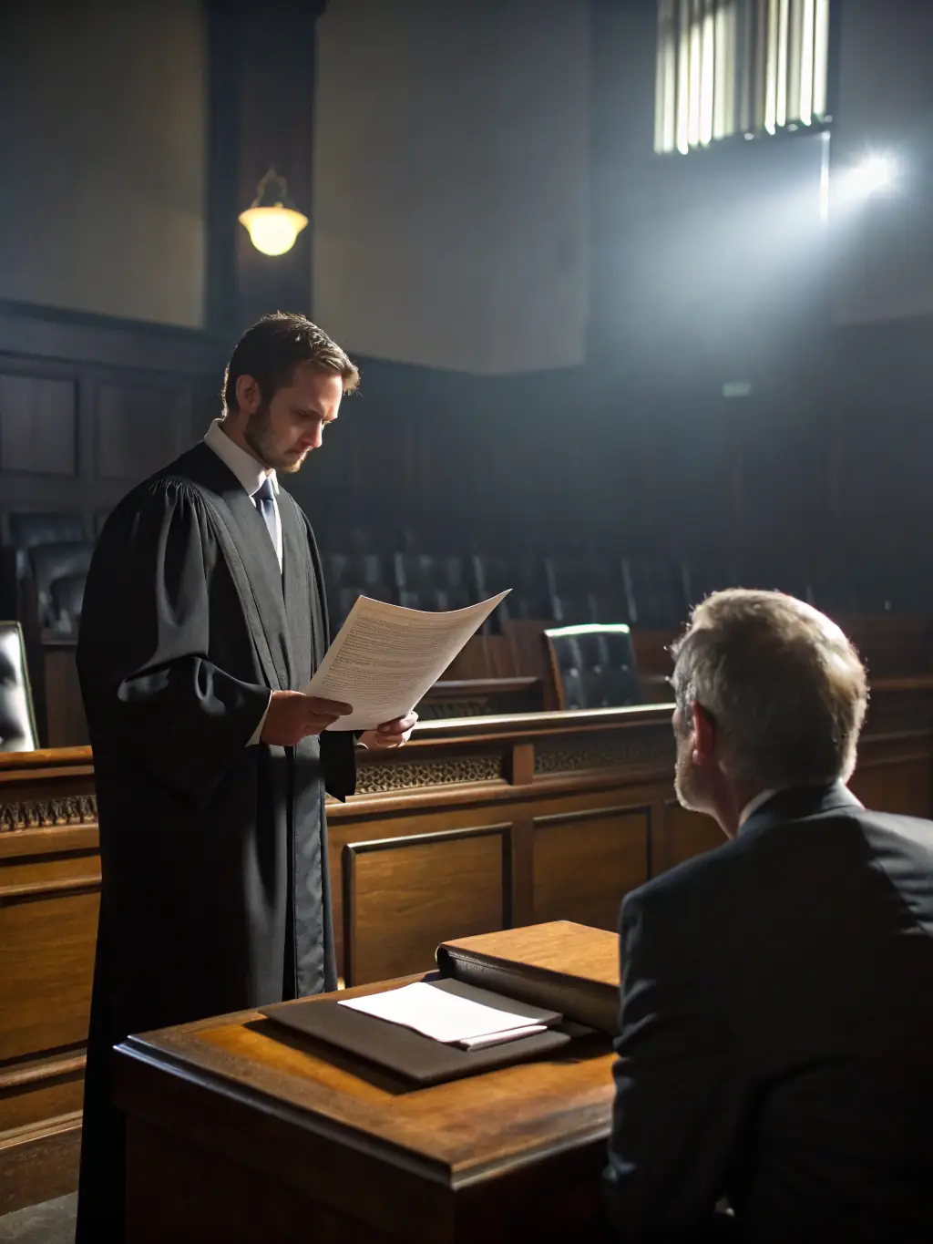 A lawyer in a courtroom setting, confidently presenting a case related to a construction dispute, showcasing the firm's litigation capabilities.