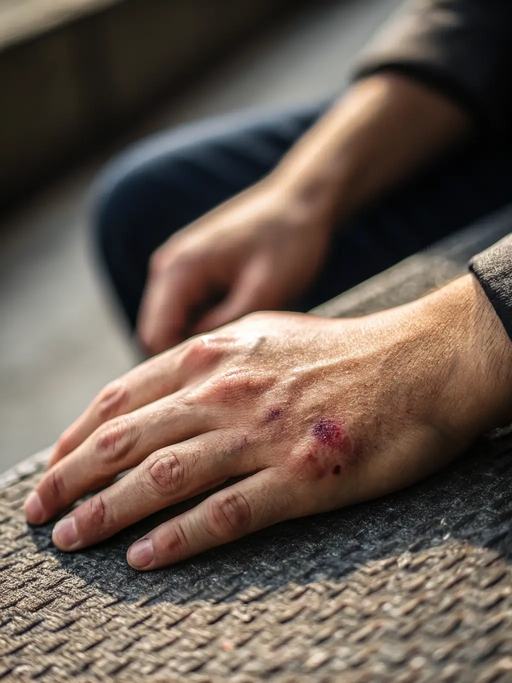 A close-up of a fist, symbolizing assault, with a blurred background of a courtroom, representing Aman Cheema Law Corporation's expertise in handling assault and violent offences.