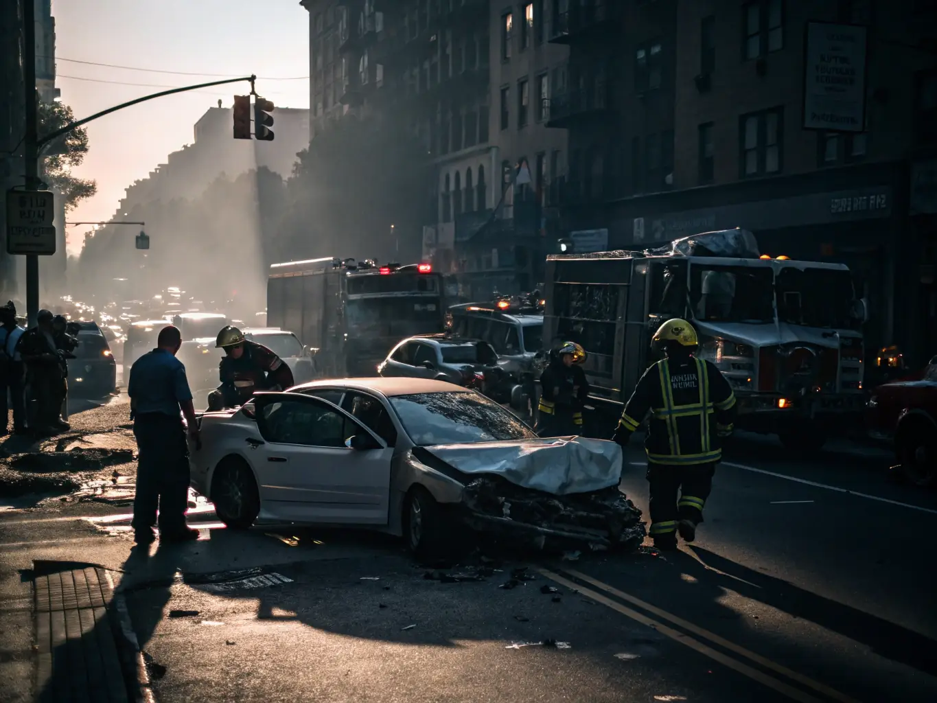 A car accident scene with blurred vehicles and emergency lights, representing ICBC claims and insurance disputes.