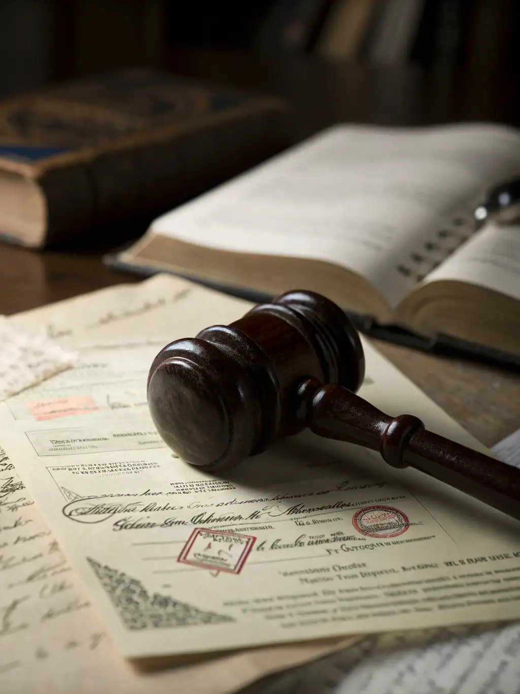 A gavel resting on a stack of legal documents related to builder's liens, representing the firm's expertise in handling lien-related matters.