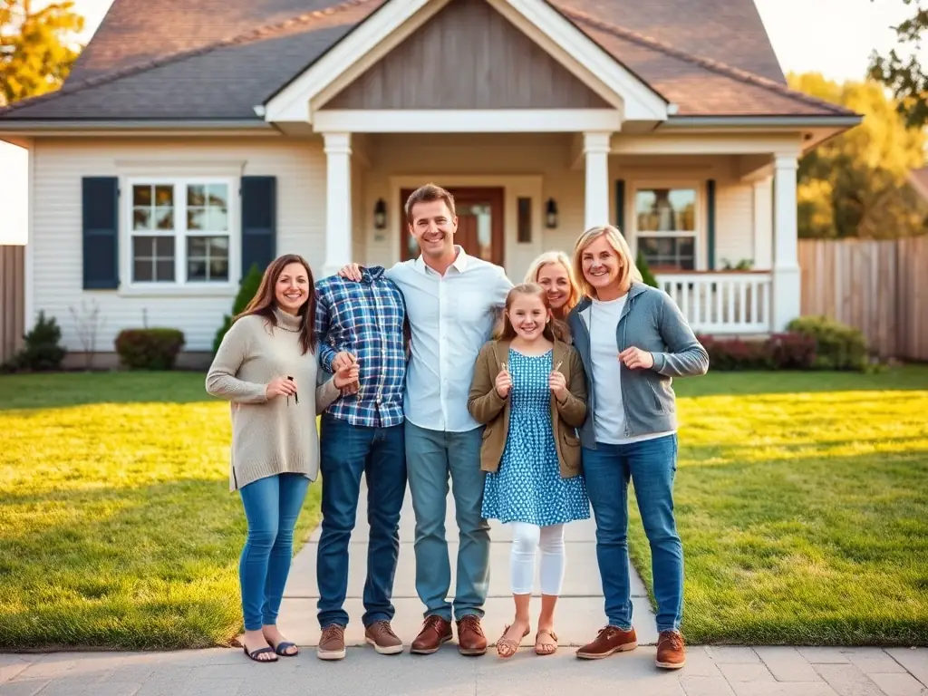 A professional photograph of a diverse family, including parents and children, standing together in front of a modern house, symbolizing family unity and support.