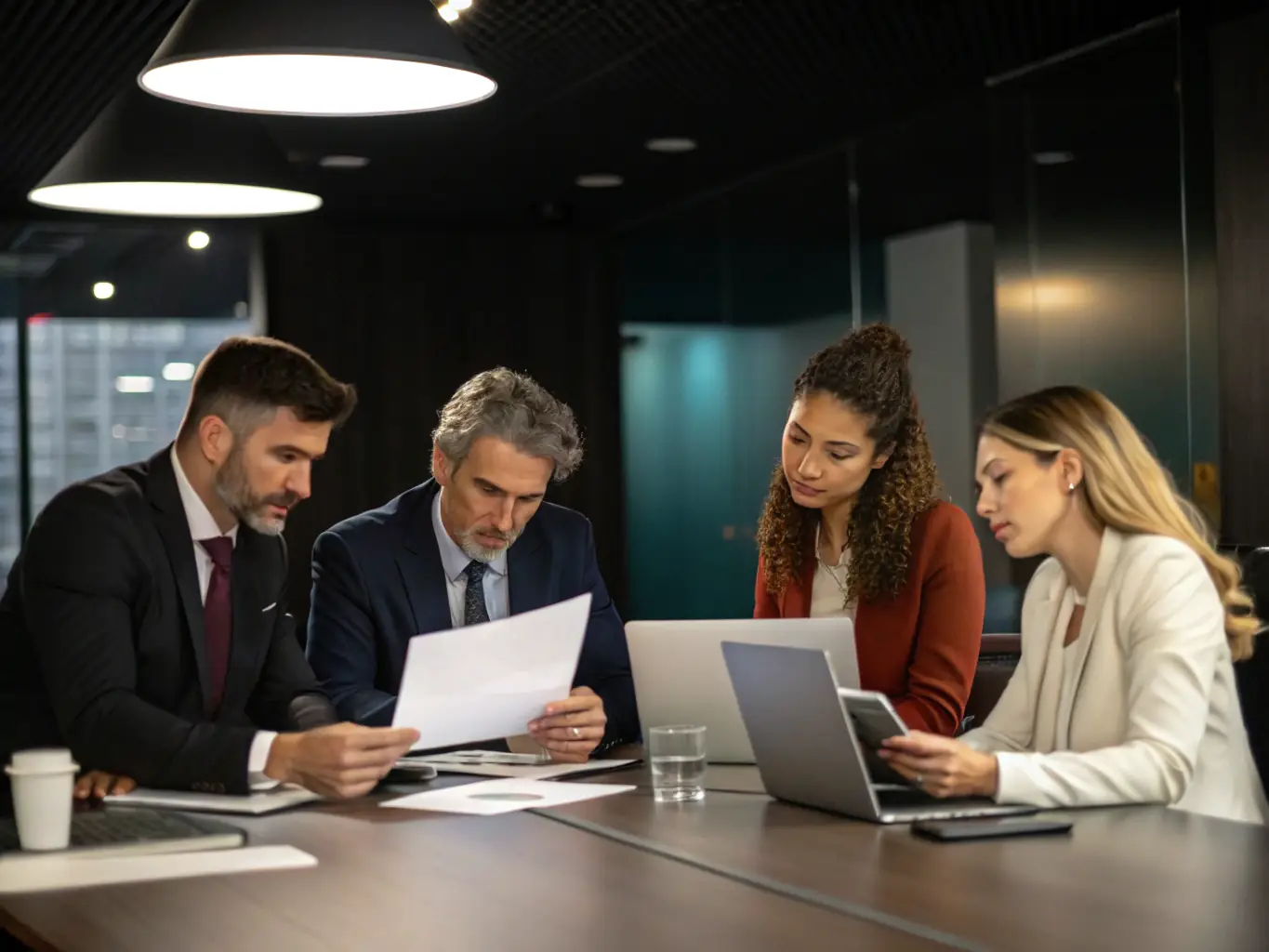 A group of executives in a boardroom, discussing corporate governance strategies, highlighting the firm's expertise in ensuring businesses operate ethically and efficiently.