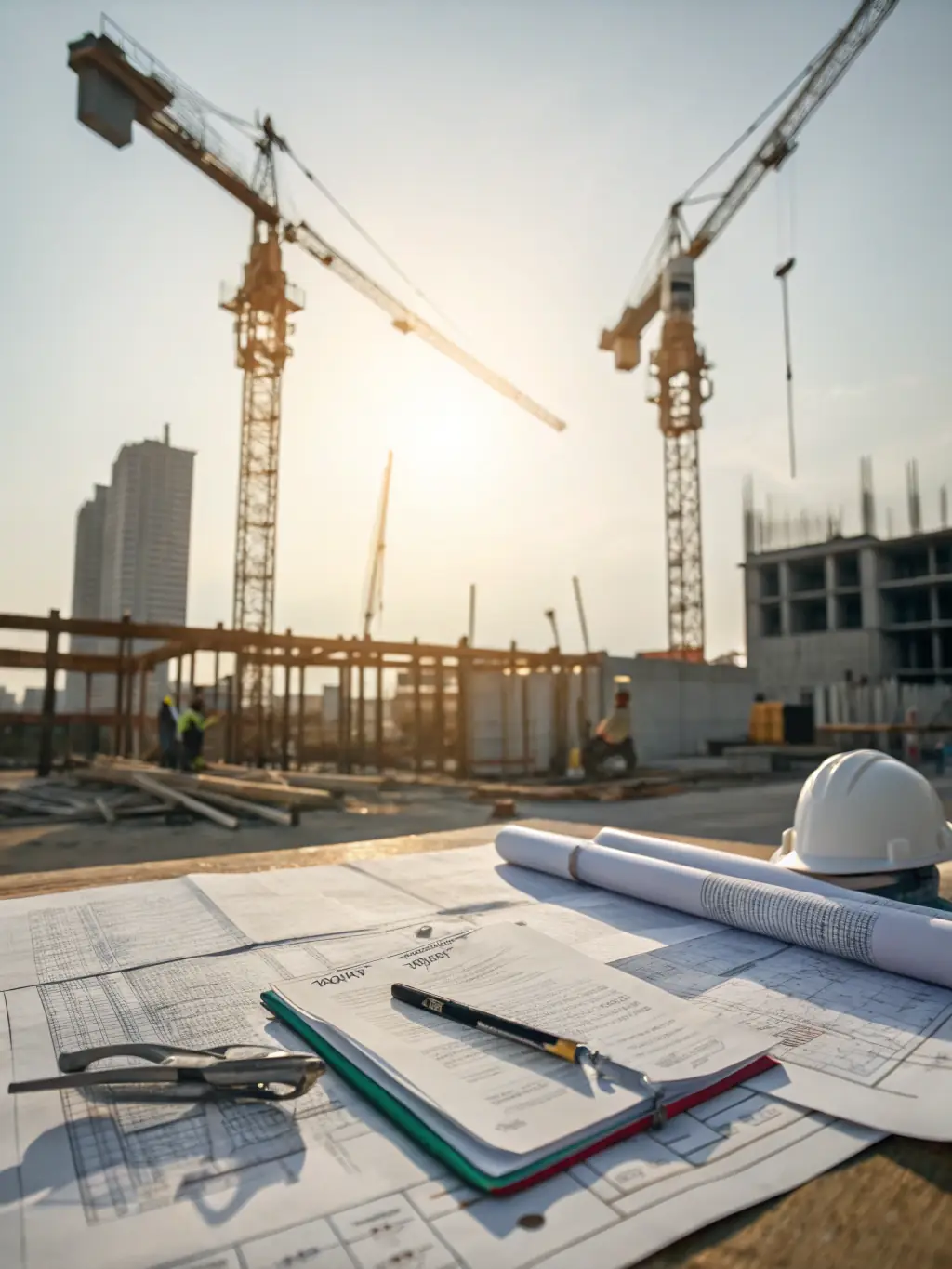 An image of a construction site with a focus on the legal documents being signed, symbolizing the importance of solid legal foundations in construction projects.