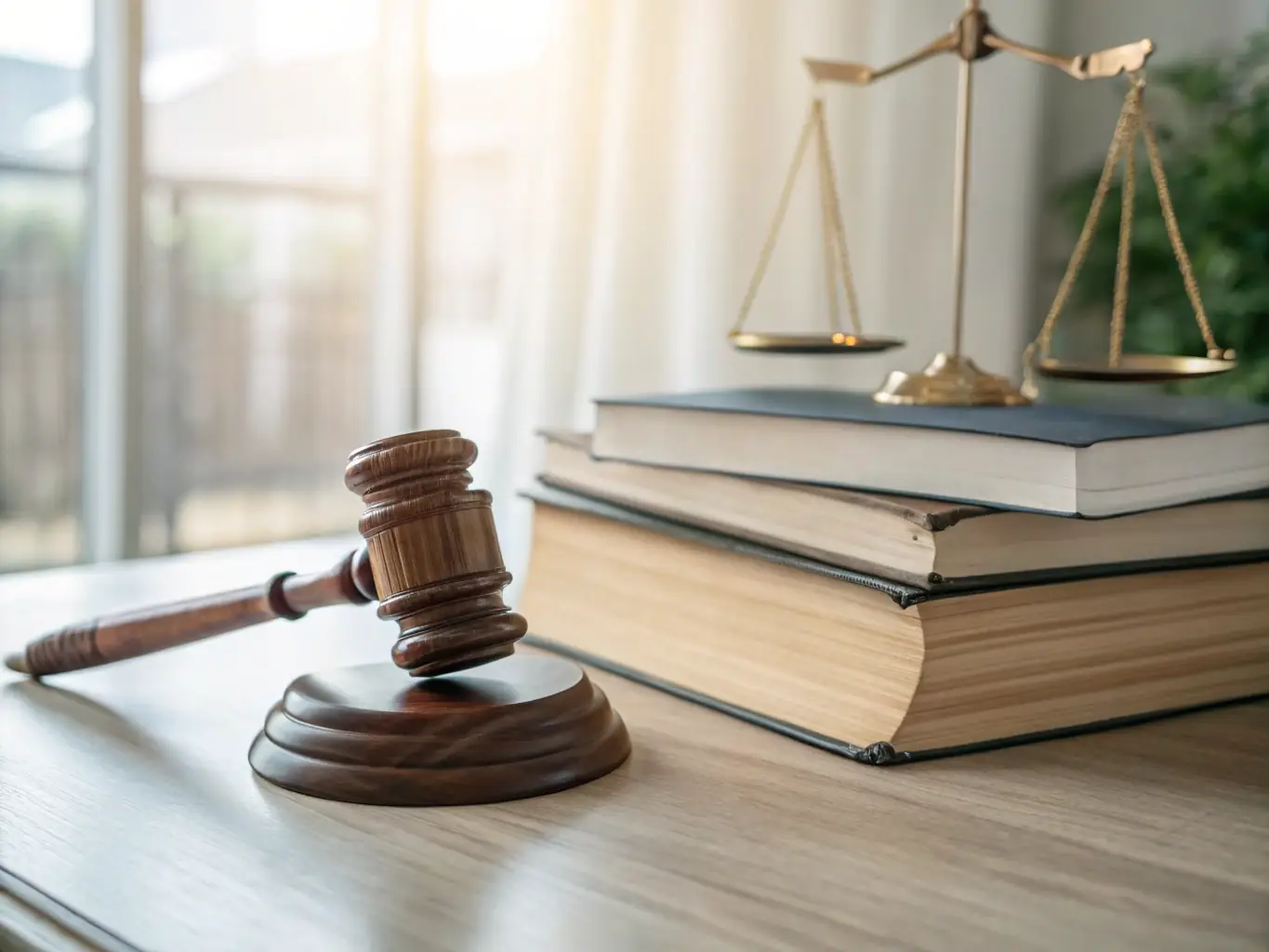 A gavel resting on a stack of legal documents, symbolizing contract law and dispute resolution, set in a modern law office.
