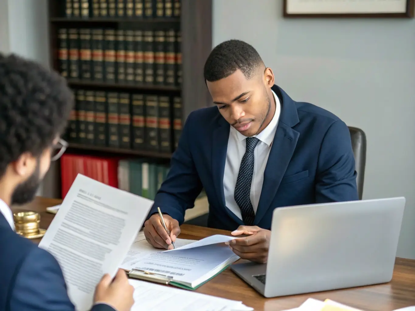 A professional lawyer in a suit, sitting at a desk in a modern office, reviewing business formation documents with a client, showcasing the firm's expertise in helping new businesses get started.
