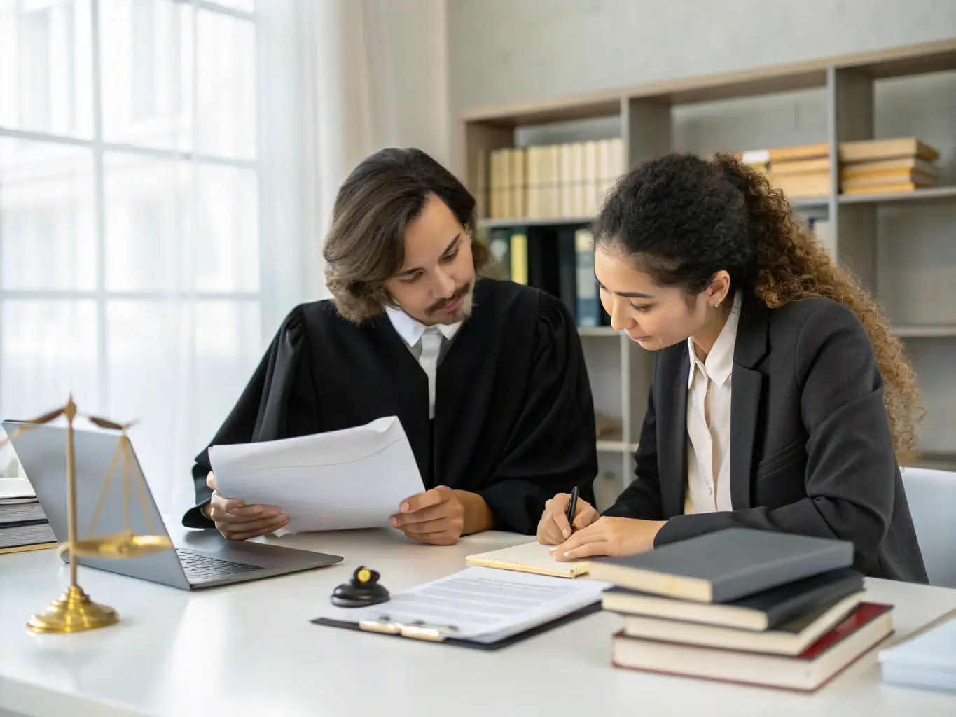 A lawyer is consulting with a client, reviewing documents and discussing legal strategies in a well-lit office, emphasizing trust and personalized legal support.