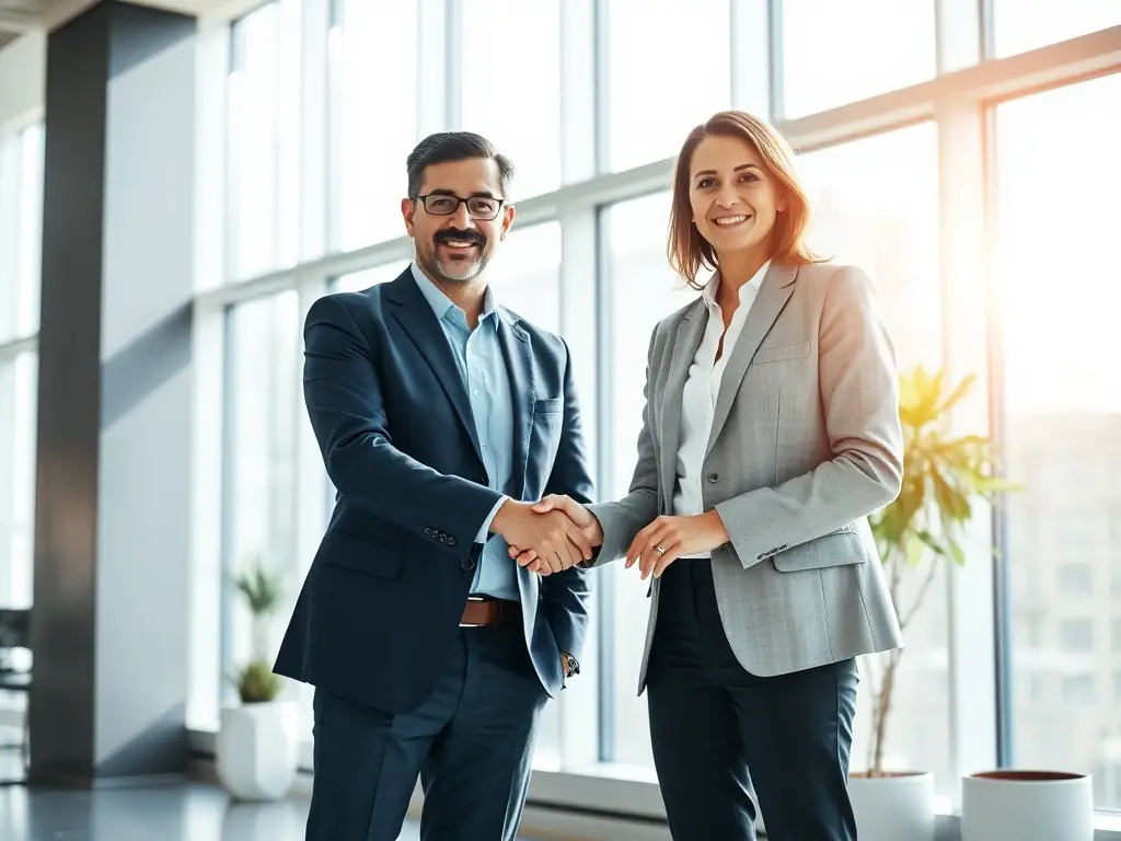 Two professionals shaking hands over a contract in a brightly lit office, symbolizing the firm's proficiency in drafting and reviewing commercial agreements.