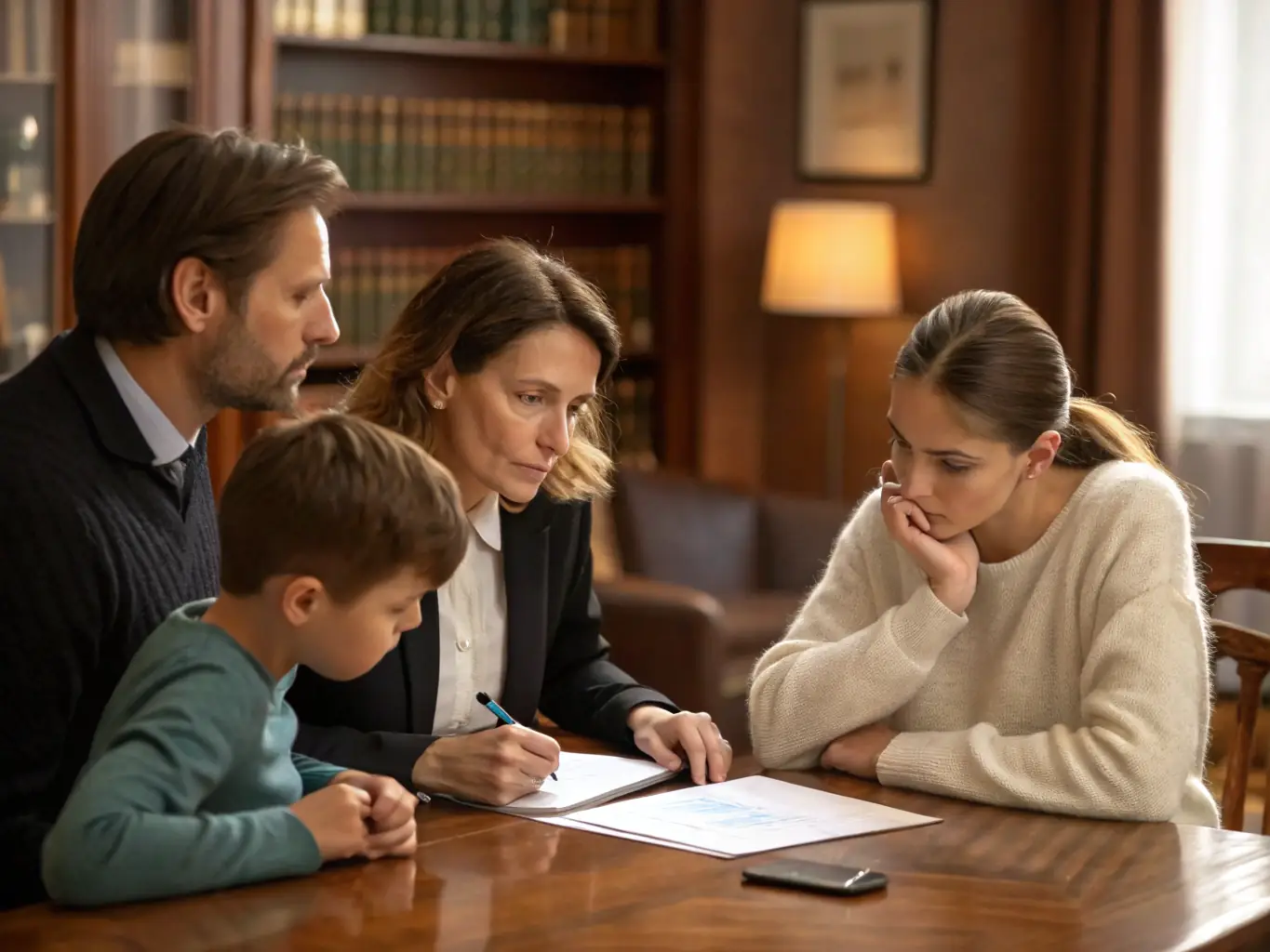 A solemn image of a family gathered around a table, reviewing estate documents, symbolizing estate litigation and will disputes.